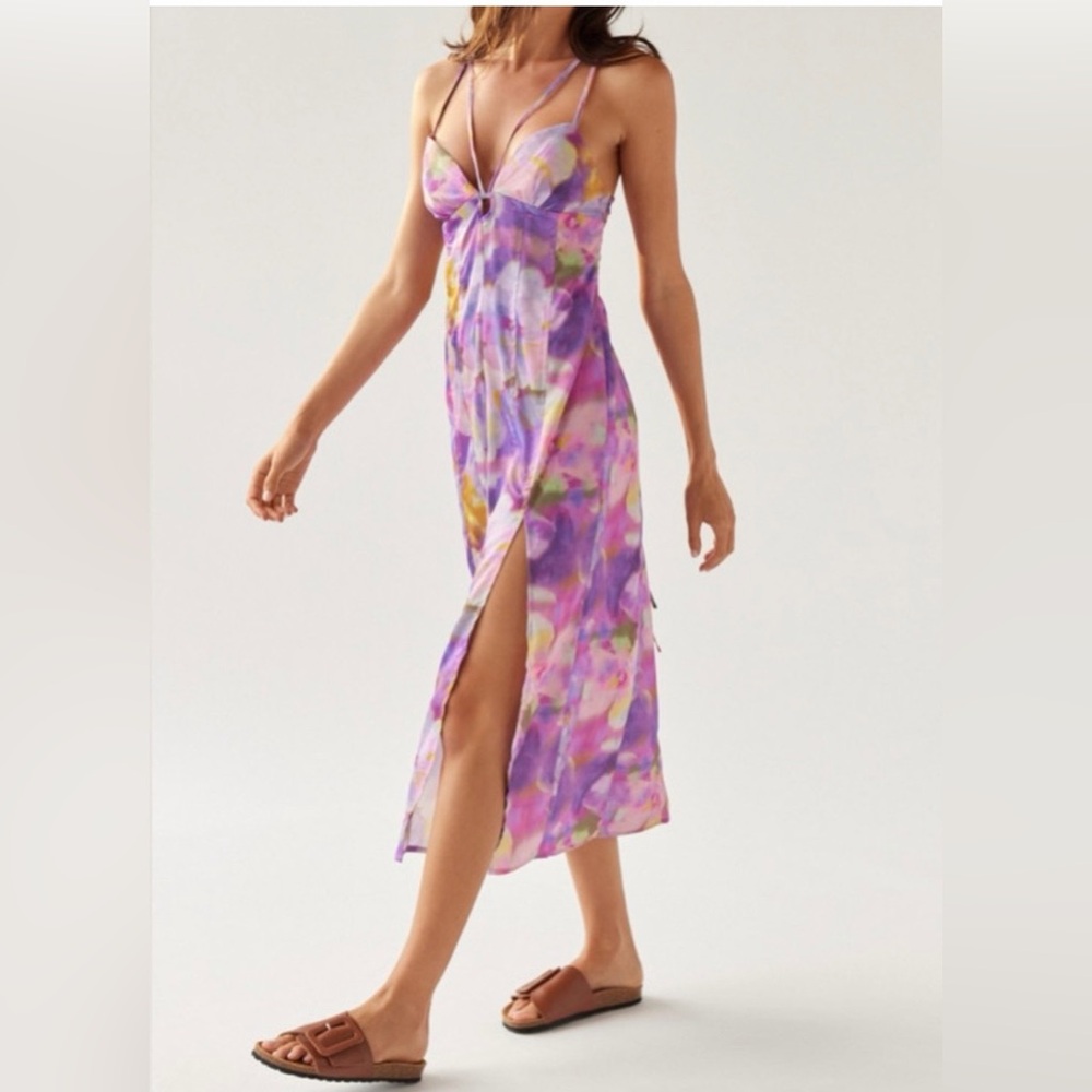UO Urban Outfitters Satin Lace Up Colorful Floral Midi Dress Size Medium